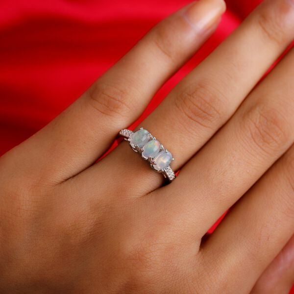 Nat&uuml;rlicher &Auml;thiopischer Opal und Zirkon 3 Stein Ring 925 Silber Platin-&Uuml;berzug image number 3