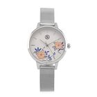 STRADA Uhr mit Japanischem PC21S Werk, Edelstahl-Mesharmband Silberfarben, florales Zifferblatt Weiß mit Weißem Kristall
