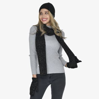 3er-Set, Strickkollektion - M&uuml;tze 21,5x15 cm, Schal 28x198 cm und Handschuhe 21x6 cm, Schwarz