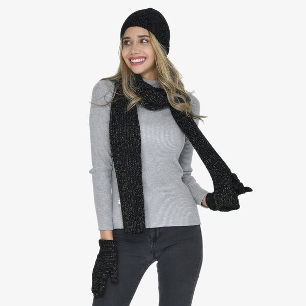 3er-Set, Strickkollektion - M&uuml;tze 21,5x15 cm, Schal 28x198 cm und Handschuhe 21x6 cm, Schwarz