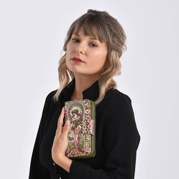 Langportemonnaie, RFID-Schutz, 19x4x9cm, Gr&uuml;n Multicolor, Alphonse-Mucha-Motiv.
