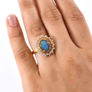 Djoy Boulder Opal Triplette, Wei&szlig;er Zirkon Ring 925 Silber 750 Gelbgold Vermeil (Gr&ouml;&szlig;e 21.00) ca. 2.61 ct