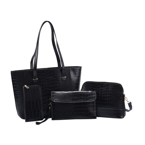 PASSAGE 4er-Set, Crossbody-Tasche, Portemonnaie, Schultertasche und Clutch mit Kroko-Pr&auml;gung, Schwarz