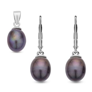 2er Set, S&uuml;&szlig;wasserzuchtperlen Ohrringe und Anh&auml;nger, 925 Silber, 925 Silber rhodiniert, Pfau