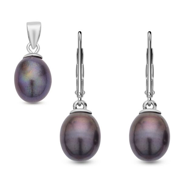 2er Set, S&uuml;&szlig;wasserzuchtperlen Ohrringe und Anh&auml;nger, 925 Silber, 925 Silber rhodiniert, Pfau