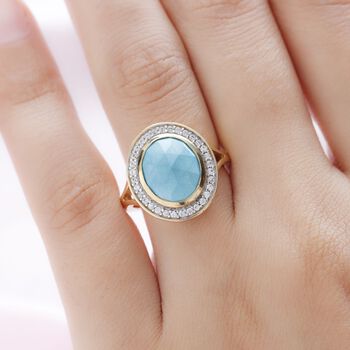 Amerikanischer, Nat&uuml;rlicher Sleeping Beauty T&uuml;rkis und wei&szlig;er Zirkon-Ring, 925 Silber Gelbgold Vermeil  ca. 3,80 ct