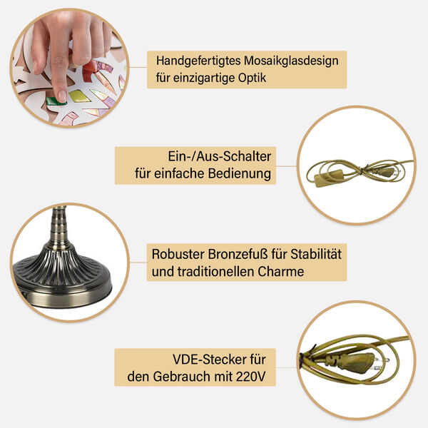 K&uuml;nstlerische Mosaikglas-Tischlampe mit Bronzefu&szlig;, Gr&ouml;&szlig;e 59cm, mehrfarbig image number 4