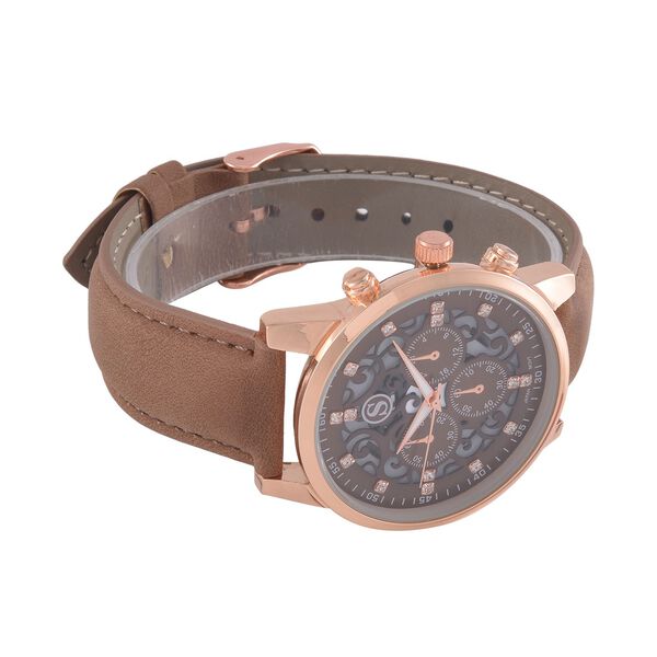 Strada Japanisches Uhrwerk - Exklusive Uhr mit braunem Hohlzifferblatt, braunem PU-Band und Edelstahl-Schnalle, Wei&szlig;er Kristall Uhr, 23cm, rose image number 4