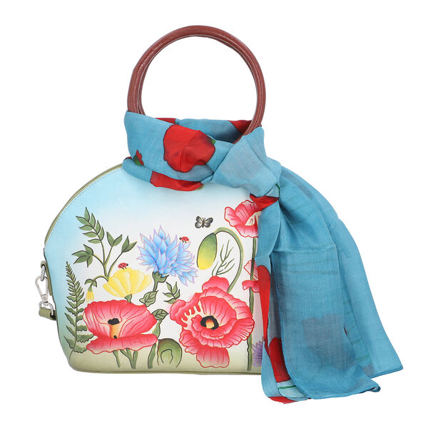 SUKRITI, Handbemalte 100 % Leder Tasche mit Maulbeerseiden Schal, Blumenmuster, Himmelblau image number 5