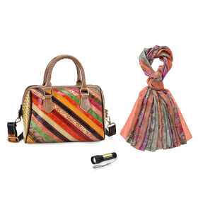 Chaos by Elsie Echtleder Streifenmuster Crossbody Tasche mit RFID-Schutz und Mini-Taschenlampe und LA MAREY Schal aus 100% Maulbeerseide