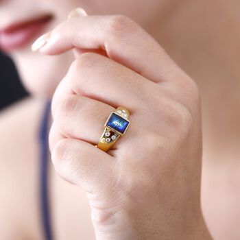 Ammolit, Wei&szlig;er Zirkon Baguetteschliff Ring, 925 Silber, 750 Gelbgold Vermeil (Gr&ouml;&szlig;e 18.00) ca. 1.54 ct