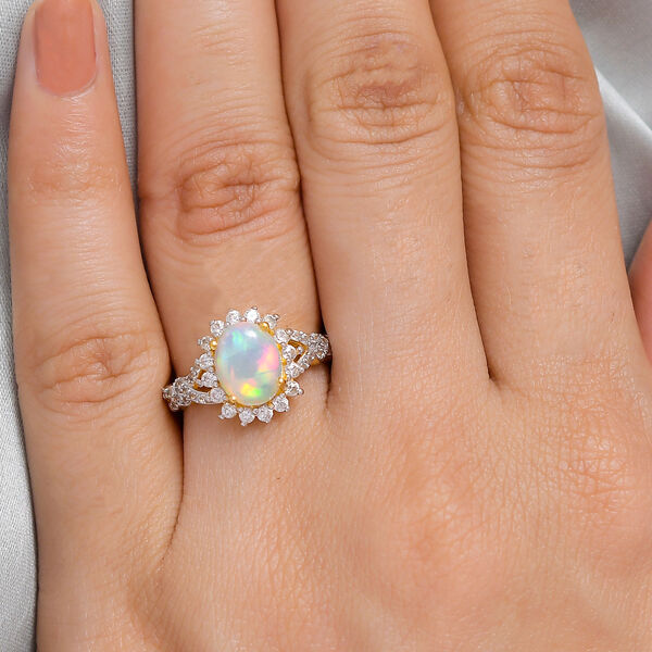 Nat&uuml;rlicher, &auml;thiopischer Opal und wei&szlig;er Zirkon-Ring, 925 Silber Gelbgold Vermeil  ca. 1,87 ct image number 3