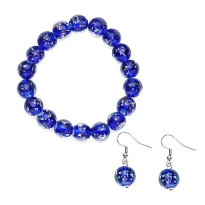2er Set - Murano-Glasperlen Design, flexibles Armband und Ohrringe, Reiner Edelstahl, Blau