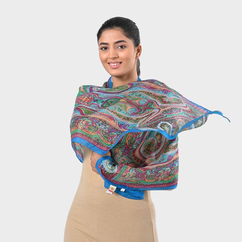 "Fabric - 100% Silk Printed Scarf Color - Blue  Size- 160 x 49 CM" image number 1