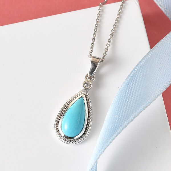 Natürlicher Sleeping Beauty Türkis und Zirkon-Anhänger mit Kette in Silber image number 2