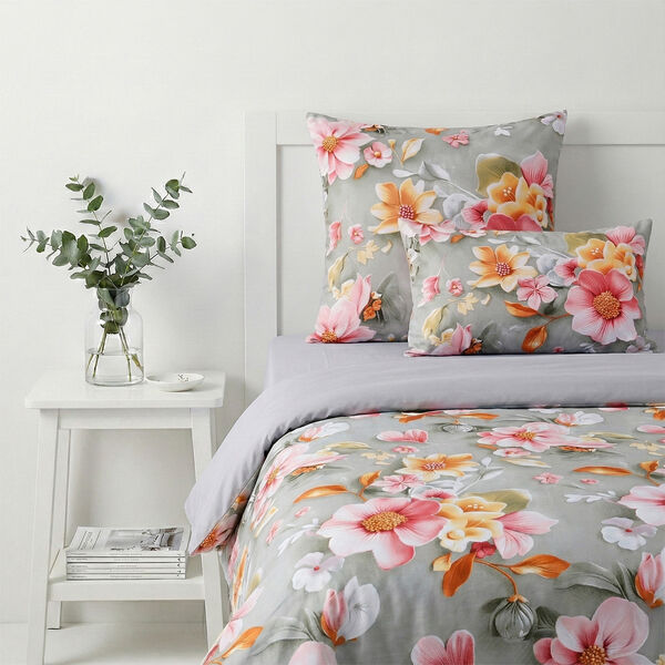 6-teiliges Bettw&auml;sche-Set mit Blumenprint, 135x200cm, Grau und ros image number 1