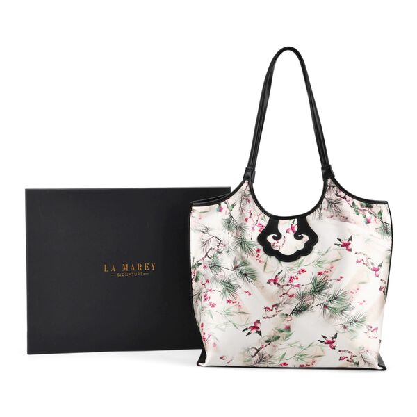 LA MAREY Brokat Handtasche aus Seide und Echtleder, 34x35x11,5cm, Wei&szlig; mit lila Blumen image number 7