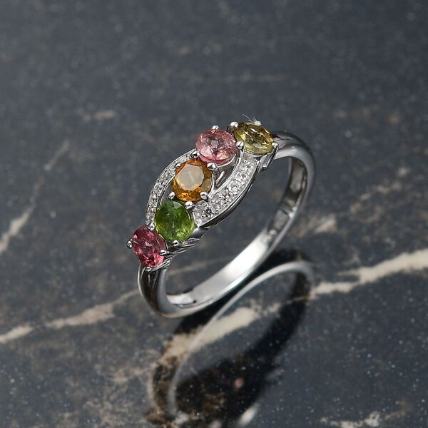 D joy Mehrfarbig-Turmalin, Wei&szlig;er Zirkon Ring 925 Silber platiniert (Gr&ouml;&szlig;e 20.00) ca. 1.18 ct image number 1
