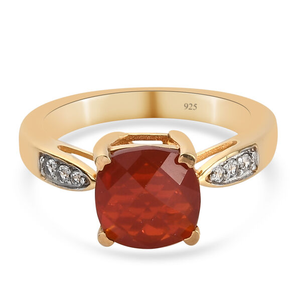 Mexikanischer Kirschfeuer-Opal und Zirkon Ring 925 Silber Gelbgold Vermeil  ca. 1,66 ct