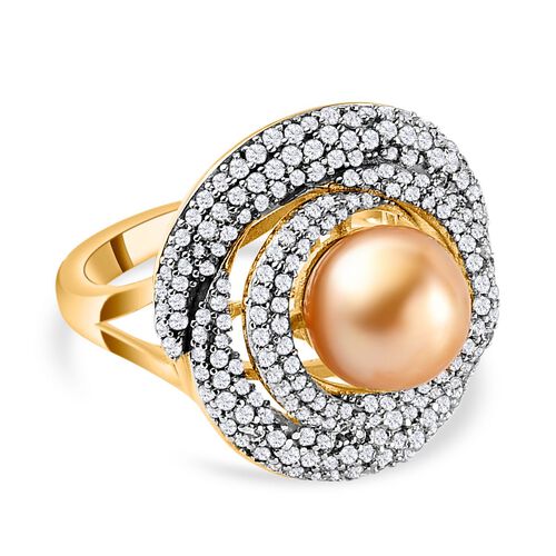 Goldene Südsee Perle, Weißer Zirkon Ring, (9-11mm), 925 Silber Gelbgold Vermeil (Größe 19.00) image number 0