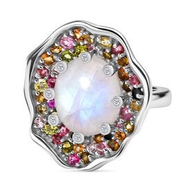 GP Italian Garden Kollektion - Regenbogen Mondstein, Mehrfach-Turmalin und blauer Saphir-Ring - 11,76 ct.