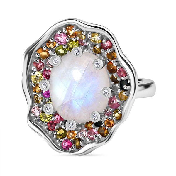 GP Italian Garden Kollektion - Regenbogen Mondstein, Mehrfach-Turmalin und blauer Saphir-Ring - 11,76 ct.