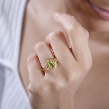 Nat&uuml;rlicher Peridot, Wei&szlig;er Zirkon Ring Messing (Gr&ouml;&szlig;e 19.00) ca. 1.36 ct