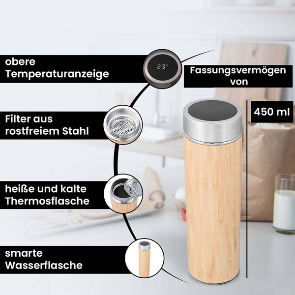 Bambus-Thermobecher mit digitaler Temperaturanzeige aus Edelstahl 500ml image number 4