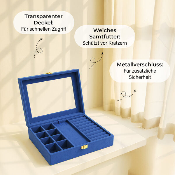 Samt Schmuckbox mit 5 Silberputztüchern, 20x15x5cm, Blau image number 3