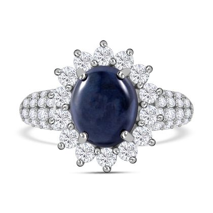 Diffundierter Stern blauer Saphir, Moissanit Ring, 925 Silber rhodiniert (Gr&ouml;&szlig;e 19.00) ca. 7.90 ct