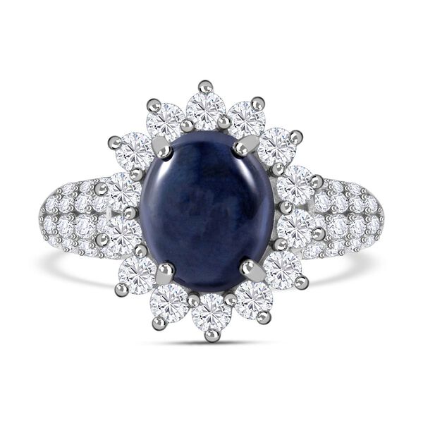 Diffundierter Stern blauer Saphir, Moissanit Ring, 925 Silber rhodiniert (Gr&ouml;&szlig;e 19.00) ca. 7.90 ct