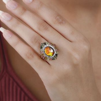 Kanadischer Ammolit, mehrfarbiger Turmalin Ring, 925 Silber Gelbgold Vermeil, (Gr&ouml;&szlig;e 19.00) ca. 6.61 ct