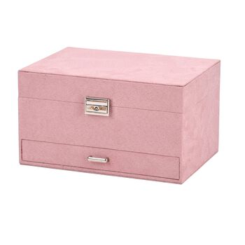 4-lagige Schmuckbox aus Samt mit 10 Silberputzt&uuml;chern, 23,8&times;17&times;14,2 cm, Rosa