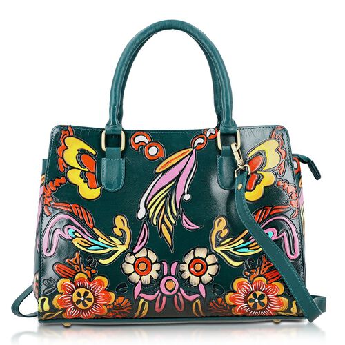 Handbemalte Satchel-Tasche aus 100?% Echtleder mit kunstvoller Prägung und Mandala-Design, 31 x 10 x 23?cm,  Grün