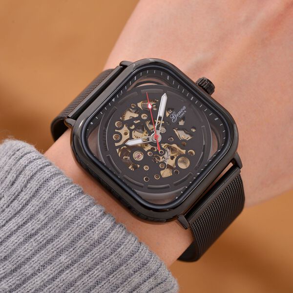 GENOA TIME V2 42mm Automatische Mechanikuhr - Schwarzes hohles Zifferblatt, Gehäuse aus Legierung mit IPS-Beschichtung, Edelstahl-Mesh-Armband, 3 ATM wasserdicht, 8.5 cm, schwarz image number 3