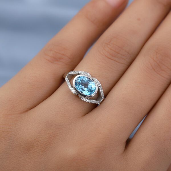Blauer Topas und Zirkon Ring 925 Silber Platin-&Uuml;berzug image number 3