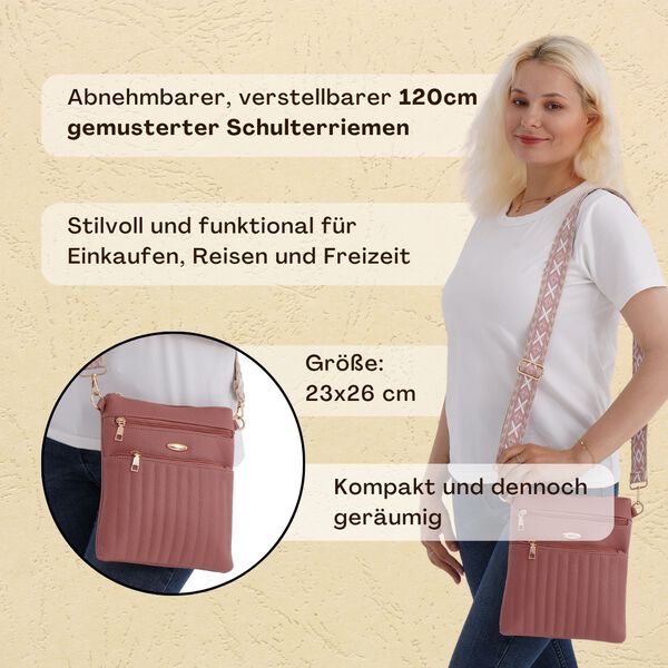 Crossbody-Tasche mit gemustertem Schulterriemen und vielen Fächern, 23×26 cm, Rosa image number 2