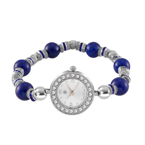 STRADA - Lapislazuli, Weißer Kristall Armband-Uhr, Japanisches Uhrwerk, ca. 18-19cm, Schwarz oxidiert image number 0