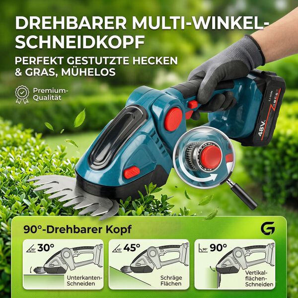 Akku Gras und Strauchschere, 2 in 1 Gartenschneider, 6000mAh, 390W, Blau image number 2