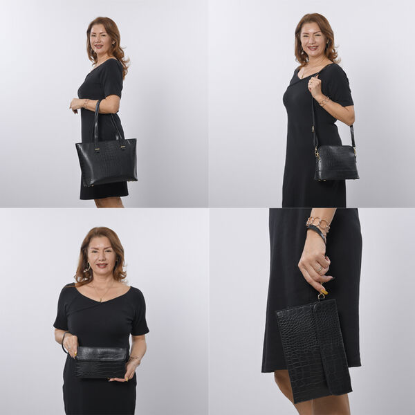 PASSAGE 4er-Set, Crossbody-Tasche, Portemonnaie, Schultertasche und Clutch mit Kroko-Pr&auml;gung, Schwarz image number 1