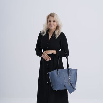 2er-Set Echtleder-Shopper, stilvolle Handtaschen mit passendem Rei&szlig;verschluss-Etui, Blau