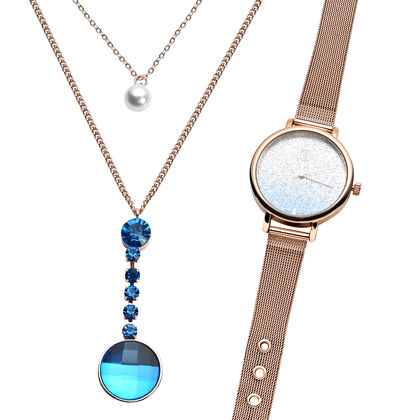 Strada - 2er Set Kristall Halskette und moderne Uhr, japanisches Uhrwerk, wasserdicht, Edelstahl in Roséfarben, blau