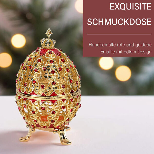 Exquisite Schmuckbox in Hohlkugelf&ouml;rmig - Metall mit farbigem Emaille-Blumenmuster und Strasssteinen, 5x9 cm, rot und gold image number 2