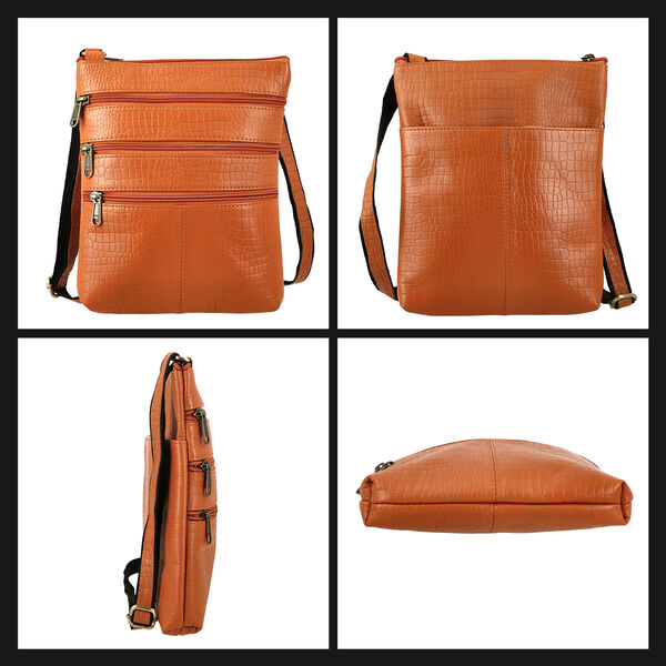 Echtleder Crossbody Tasche mit Kroko-Pr&auml;gung, Cognac image number 7