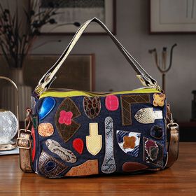 Chaos by Elsie Echtleder Schultertasche mit RFID, k&uuml;nstlerisches Leder Patchwork, 35 x 12 x 22 cm, Schwarz