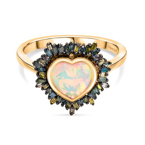 Bloom Heart - D joy Natürlicher, äthiopischer Welo Opal, Blauer Diamant  Ring, 925 Silber 750 Gelbgold Vermeil (Größe 17.00) ca. 1.40 ct image number 0