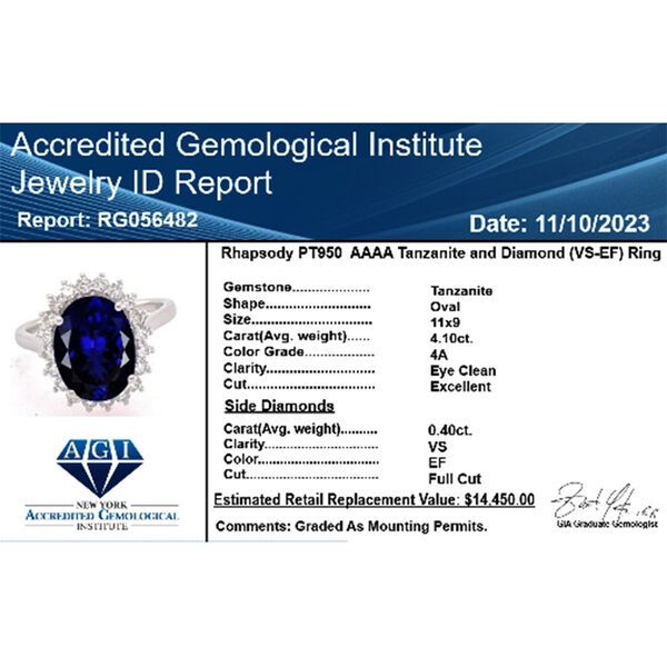 RHAPSODY zertifiziert und gepr&uuml;ft AAAA Tansanit und VS-EF Diamant Ring in 950 Platin - 4,50 ct. image number 10