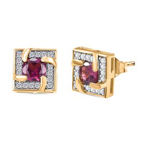 AA Rhodolith Granat, Weiße Zirkon Ohrringe, 925 Silber 750 Gelbgold Vermeil ca. 1.75 ct