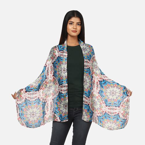 100% natürlicher Satin Seiden Schal, Mandala Muster, Blau image number 0