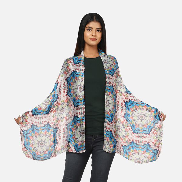 100% natürlicher Satin Seiden Schal, Mandala Muster, Blau image number 0
